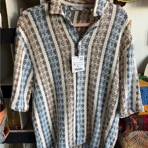 Zara Blue and Brown Casual Button Down Shirt with Stripes